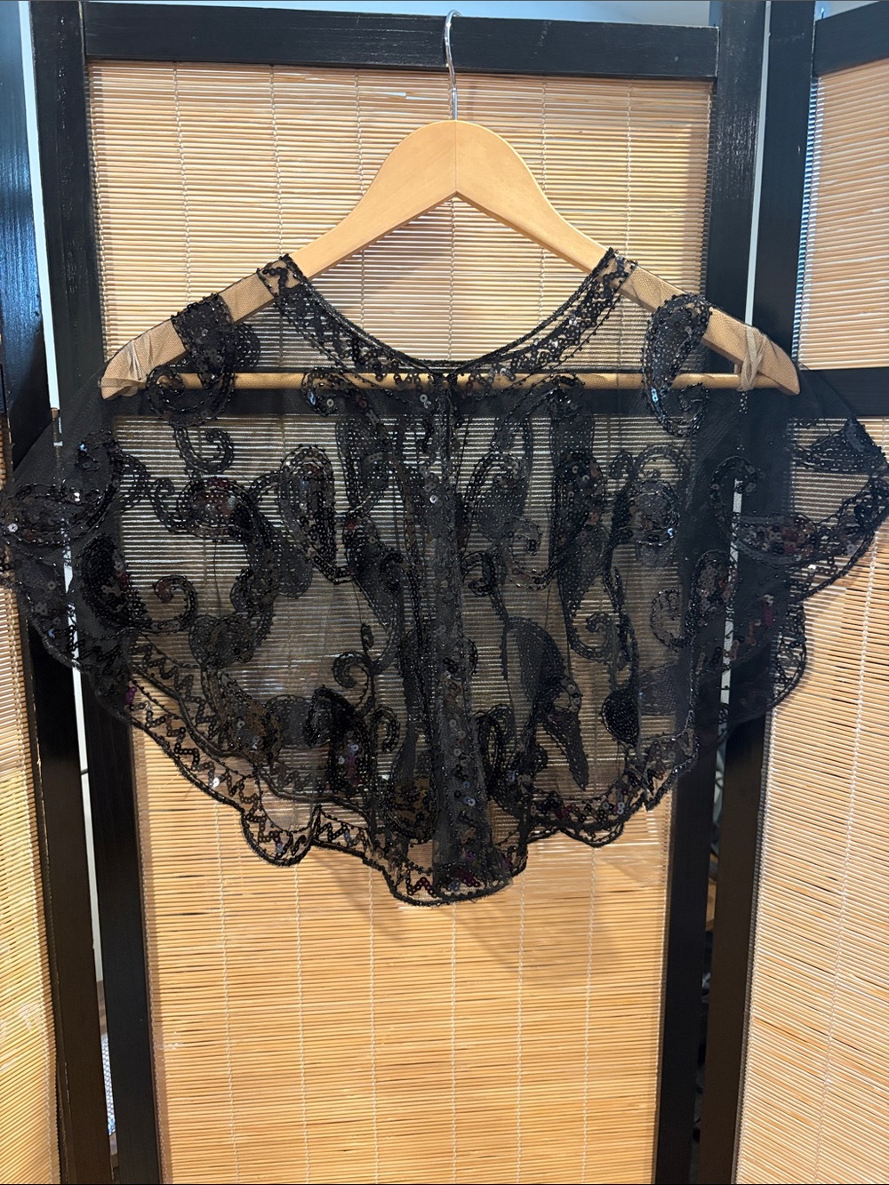 Black Embroidered Sheer Capelet Top - Unbranded